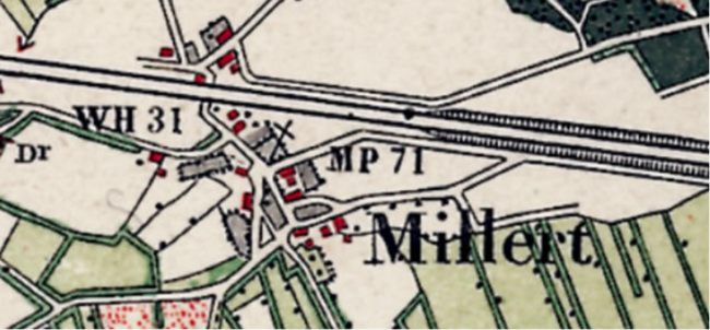 Mildert (Millert) rond 1898. Het merendeel van de bebouwing lag ten zuiden van de spoorlijn Weert – Roermond. Kadaster Apeldoorn De Mildert (Millert) rond 1898. Het merendeel van de bebouwing lag ten zuiden van de spoorlijn Weert – Roermond. Kadaster Apeldoorn