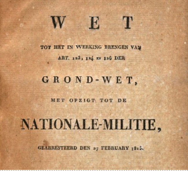 Titelblad boekje met tekst Wet op de Nationale Militie